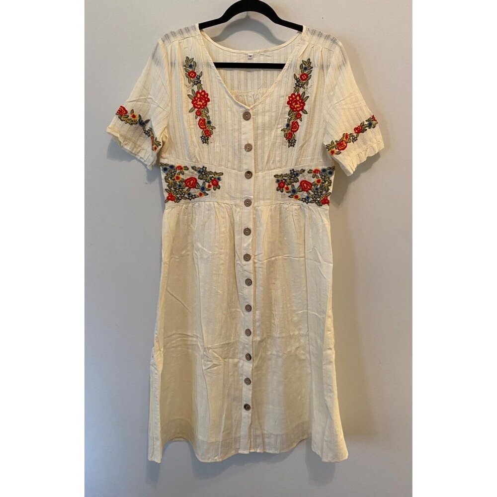Rolee Cream Button-Down Dress Floral Embroidery Short Sleeves V-Neckline Medium